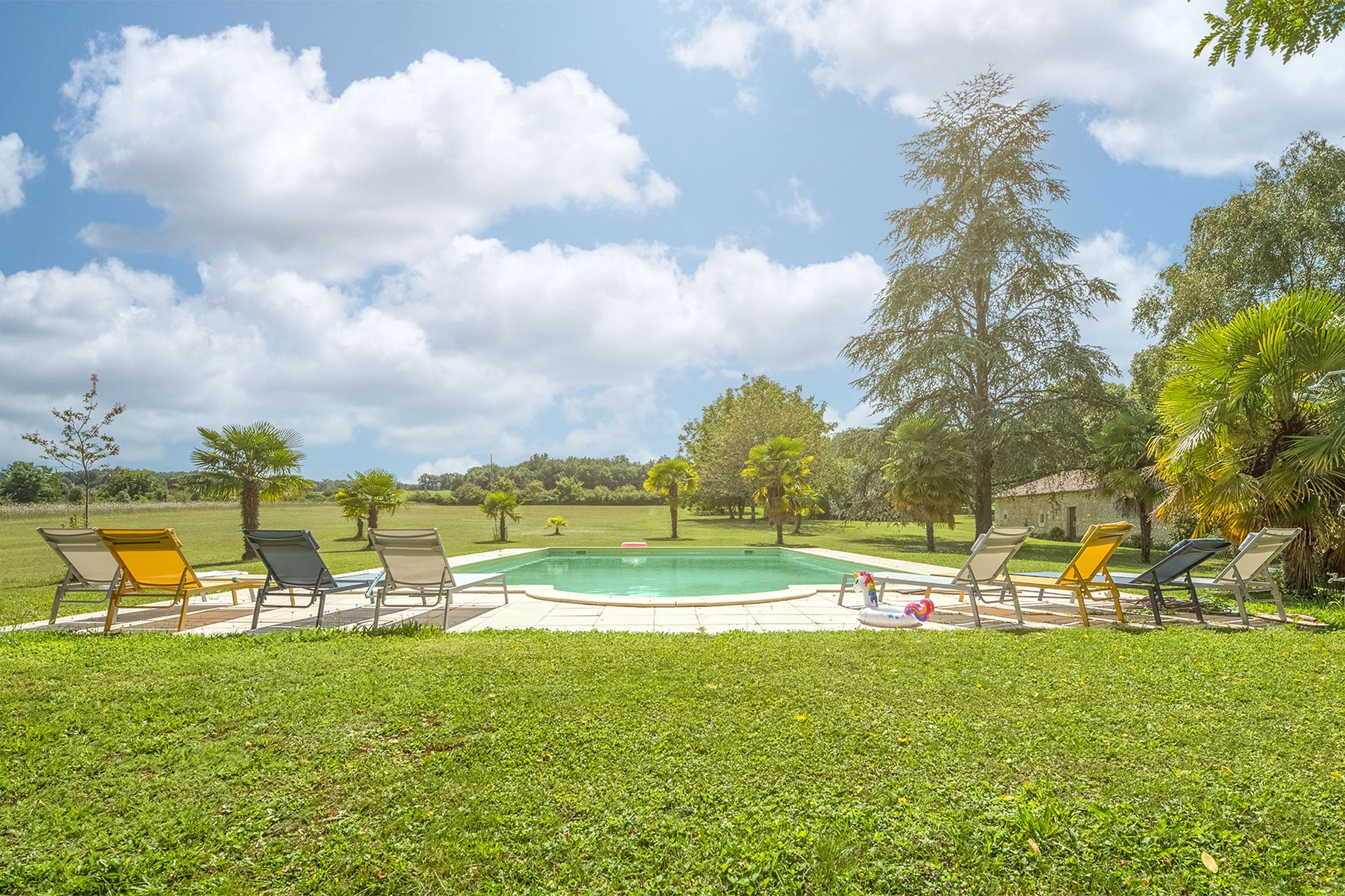 The château's heated swimming pool framed by palm trees and lawn